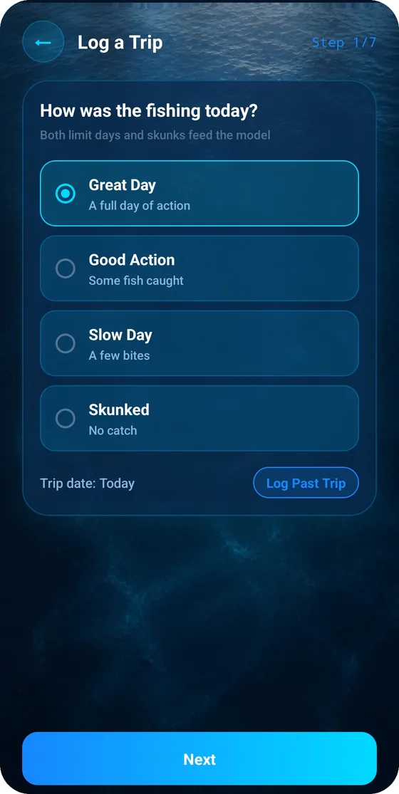Fishing trip records screen